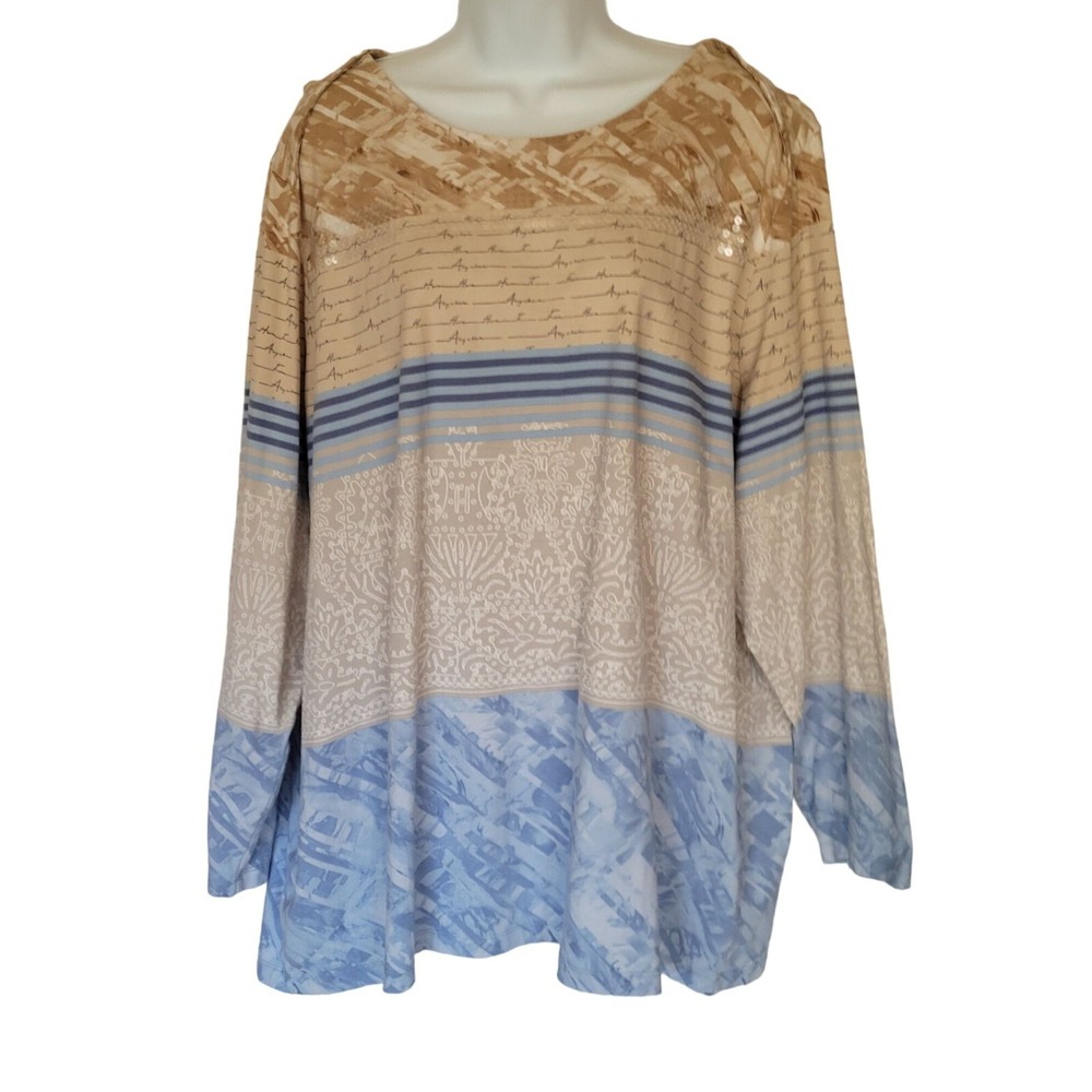 CJ Banks Blouse Womens 3X Tan Blue Print KnitTop Embellished Sequins Round Neck‎